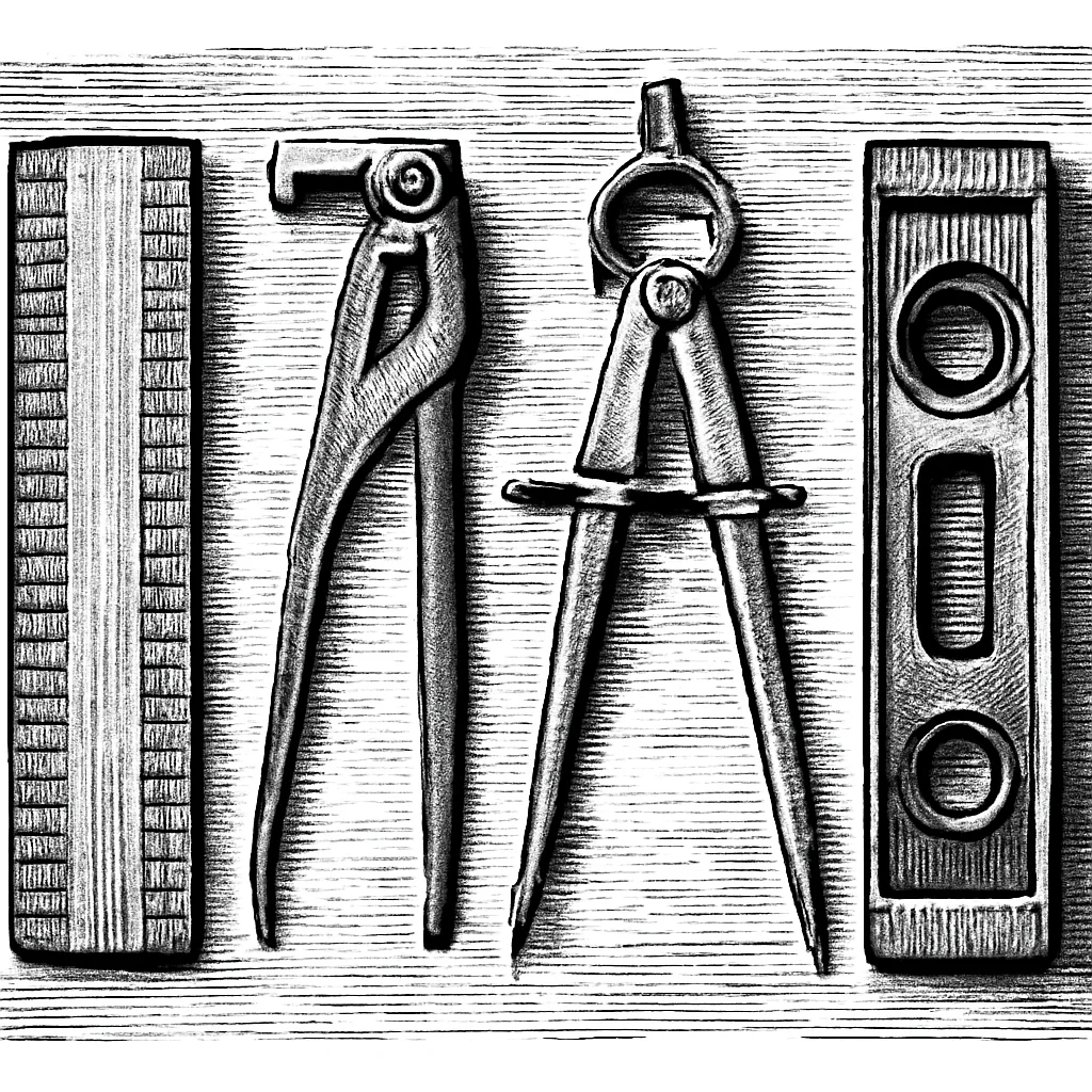 Illustration: four measuring instruments laid side by side on a drafting table