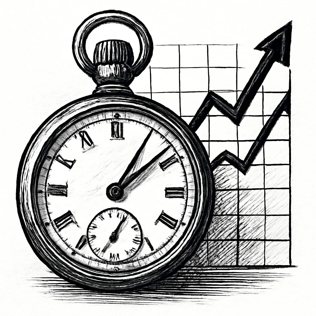Illustration: a pocket watch with an upward-climbing graph behind it