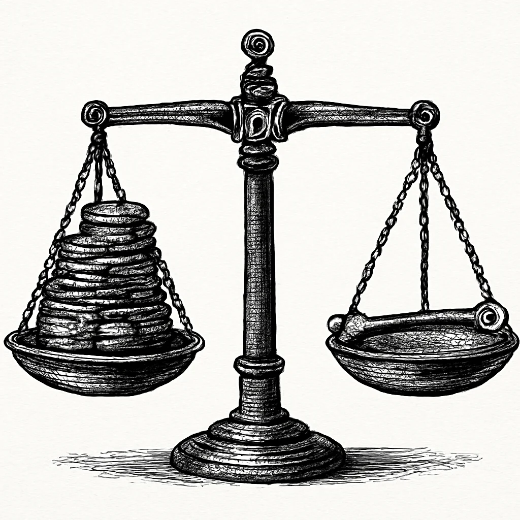 Illustration: two weighing scales, one piled with gold coins, the other balanced with a simple tool