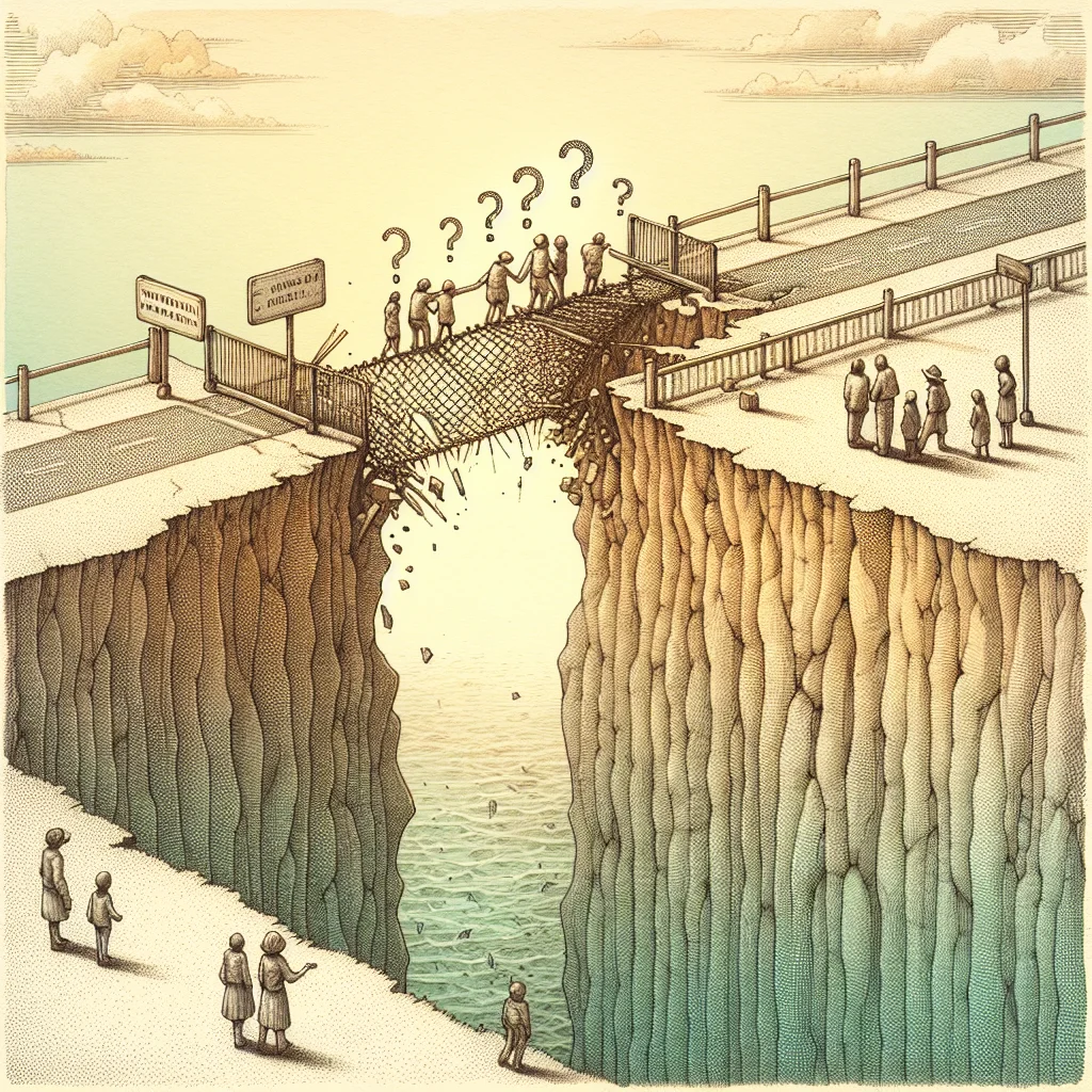 Illustration: a broken bridge with a gap in the middle and confused tiny visitors walking toward it with question marks