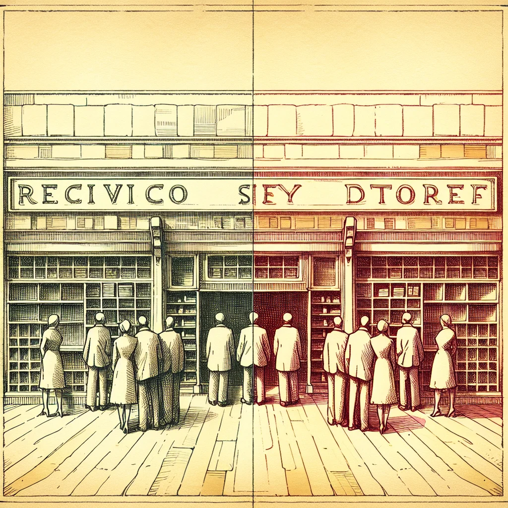 Illustration: two identical storefronts side by side, one with bold clear signage and the other with faded pale text blending into the background