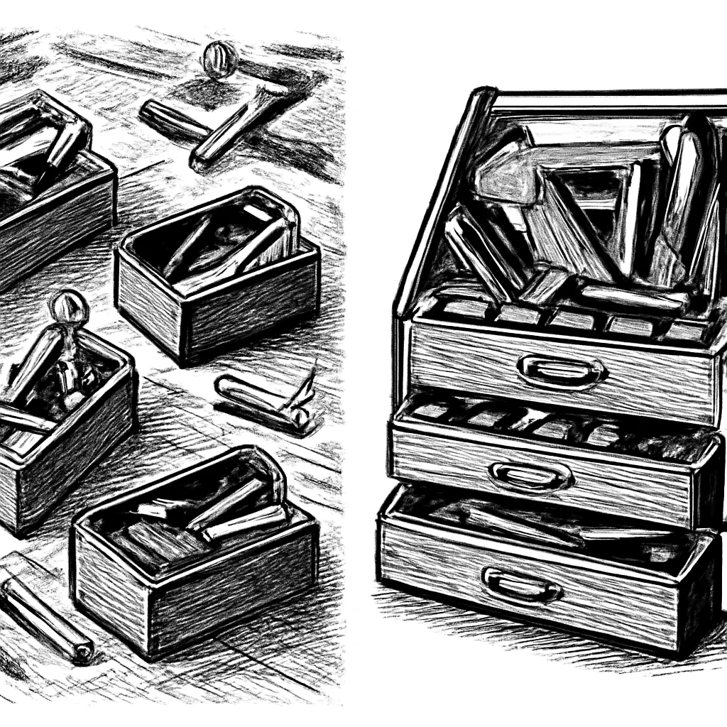 Illustration: scattered toolboxes versus one well-organized toolbox