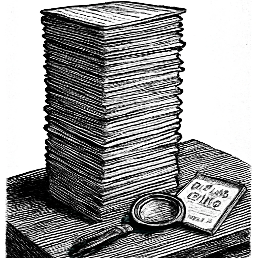 Illustration: a tall stack of examination papers with a magnifying glass and notepad