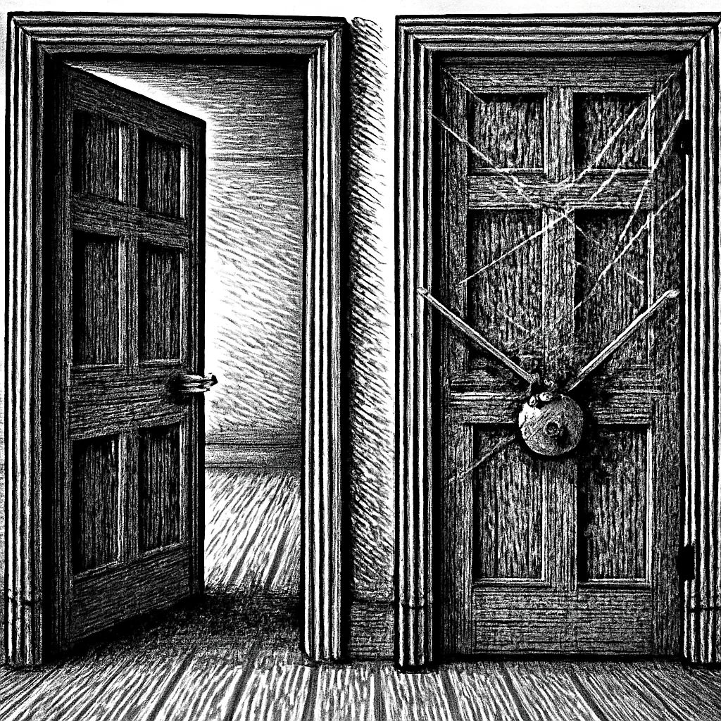 Illustration: two adjacent doors, one wide open and one padlocked with cobwebs